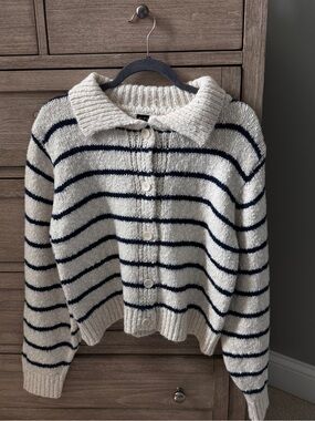 Striped Button-Front Collar Sweater in Cream and Navy